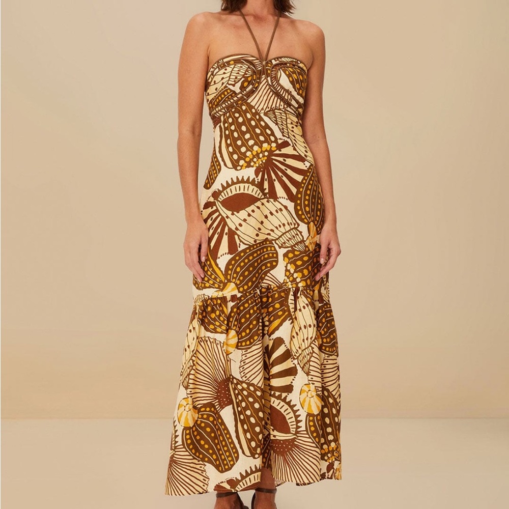 NWT Farm Rio Sand Shell Mix Euroflax Premium Linen Maxi Dress